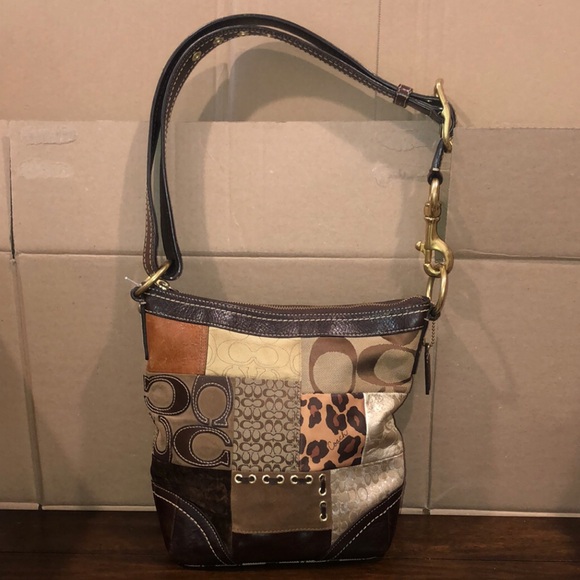 COACH Patchwork Top Zipper Crossbody Shoulder Bag Animal Print Brown Lining - Picture 15 of 17